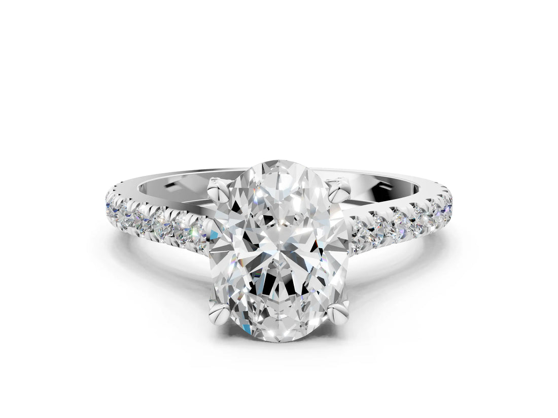Platinum Oval Brilliant Diamond Solitaire with Pavé Band and Four-Prong Setting 1
