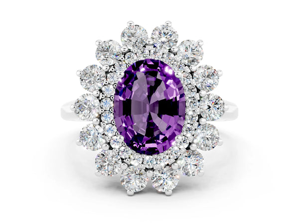 Platinum Oval Cut Amethyst Floral Double Halo Engagement Ring with Prong Setting