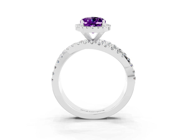 Platinum Oval Amethyst Halo Engagement Ring with Twisted Pave Split Shank