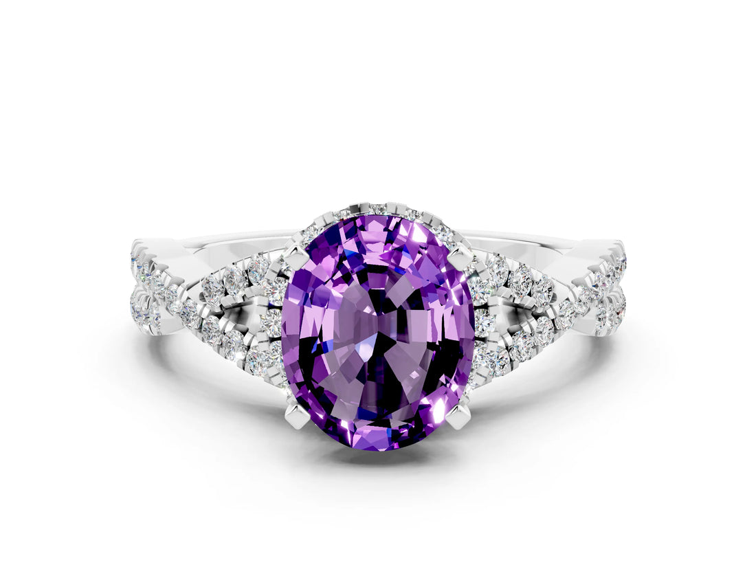 Platinum Oval Cut Amethyst  Halo Twist Band Solitaire Prong Setting Ring_12