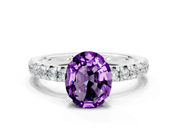 Platinum Oval Cut Amethyst Solitaire Pavé Engagement Ring with Round Band and Prong Setting