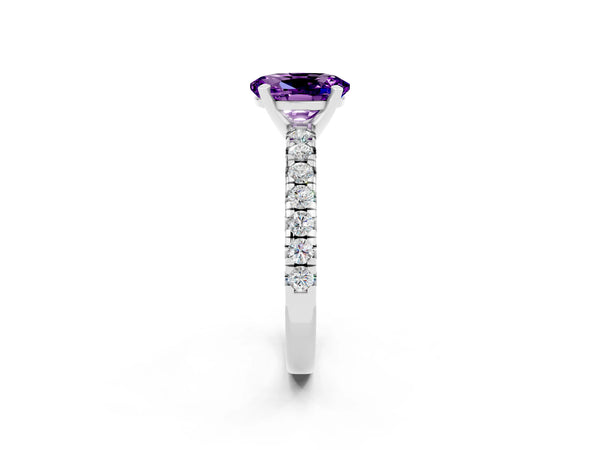 Platinum Oval Cut Amethyst Solitaire Pavé Engagement Ring with Round Band and Prong Setting