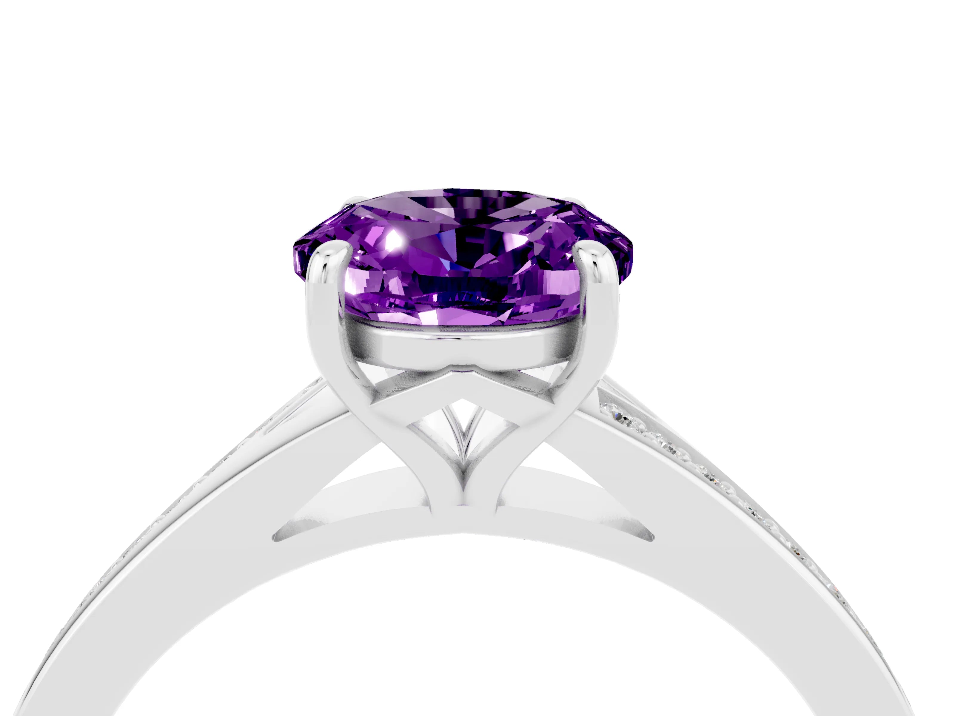 Platinum Oval Cut Amethyst Solitaire Ring with Pavé Band and Prong Setting_16
