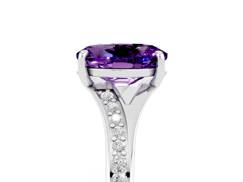Platinum Oval Cut Amethyst Solitaire Ring with Pavé Band and Prong Setting_17