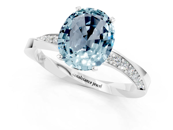 Platinum Oval Cut Aquamarine Engagement Ring with Side Stone Accents and Four-Prong Setting