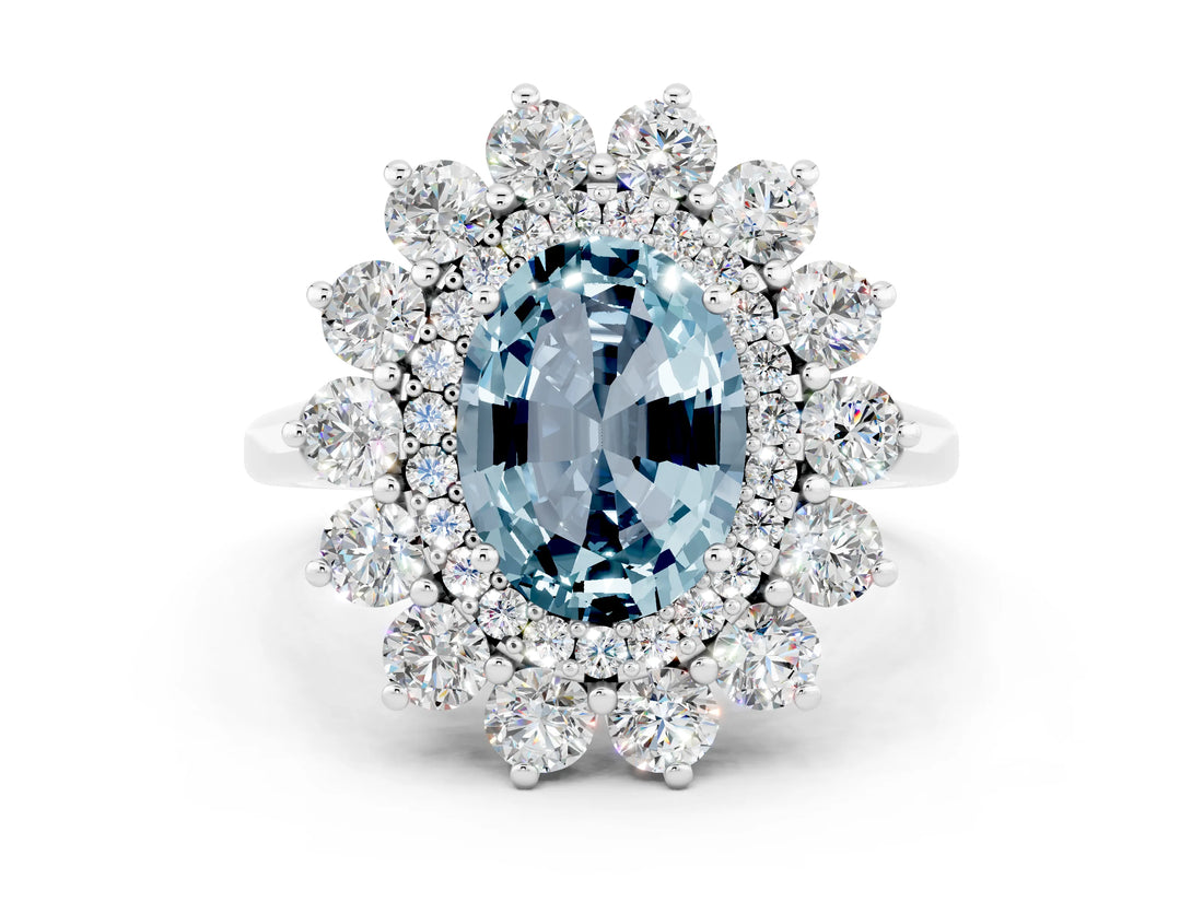 Platinum Oval Cut Aquamarine Floral Double Halo Engagement Ring with Prong Setting_126