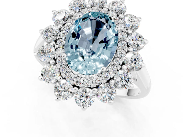 Platinum Oval Cut Aquamarine Floral Double Halo Engagement Ring with Prong Setting