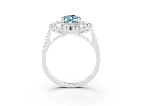 Platinum Oval Cut Aquamarine Floral Double Halo Engagement Ring with Prong Setting