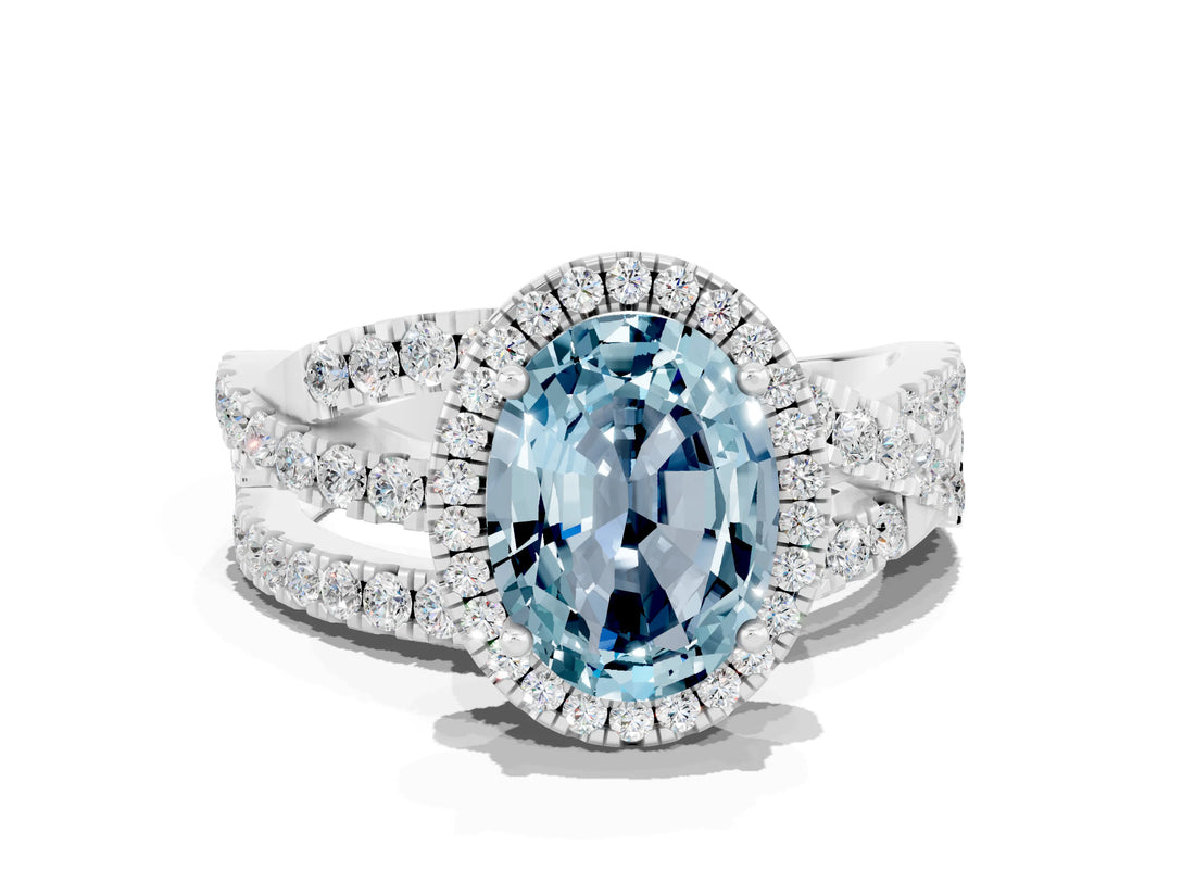 Platinum Oval Cut Aquamarine Halo Ring with Round Split Shank and Prong Setting_66