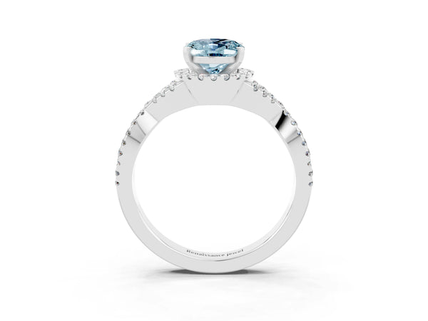 Platinum Oval Cut Aquamarine  Halo Twist Band Solitaire Prong Setting Ring