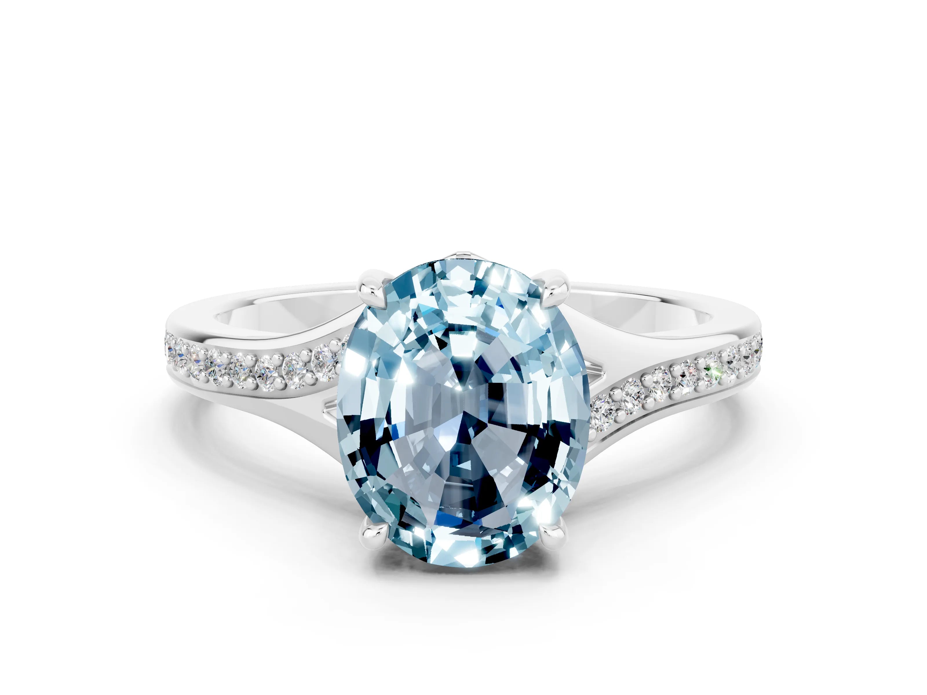 Platinum Oval Cut Aquamarine Solitaire Ring with Pavé Band and Prong Setting_12