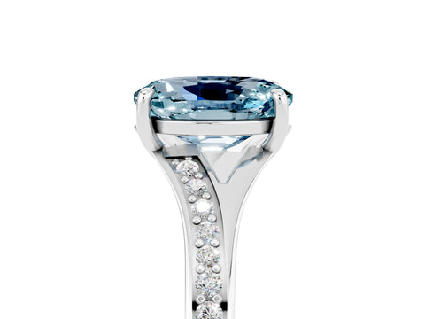 Platinum Oval Cut Aquamarine Solitaire Ring with Pavé Band and Prong Setting_17