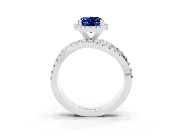 Platinum Oval Lab-Grown Blue Sapphire Halo Engagement Ring with Twisted Pave Split Shank