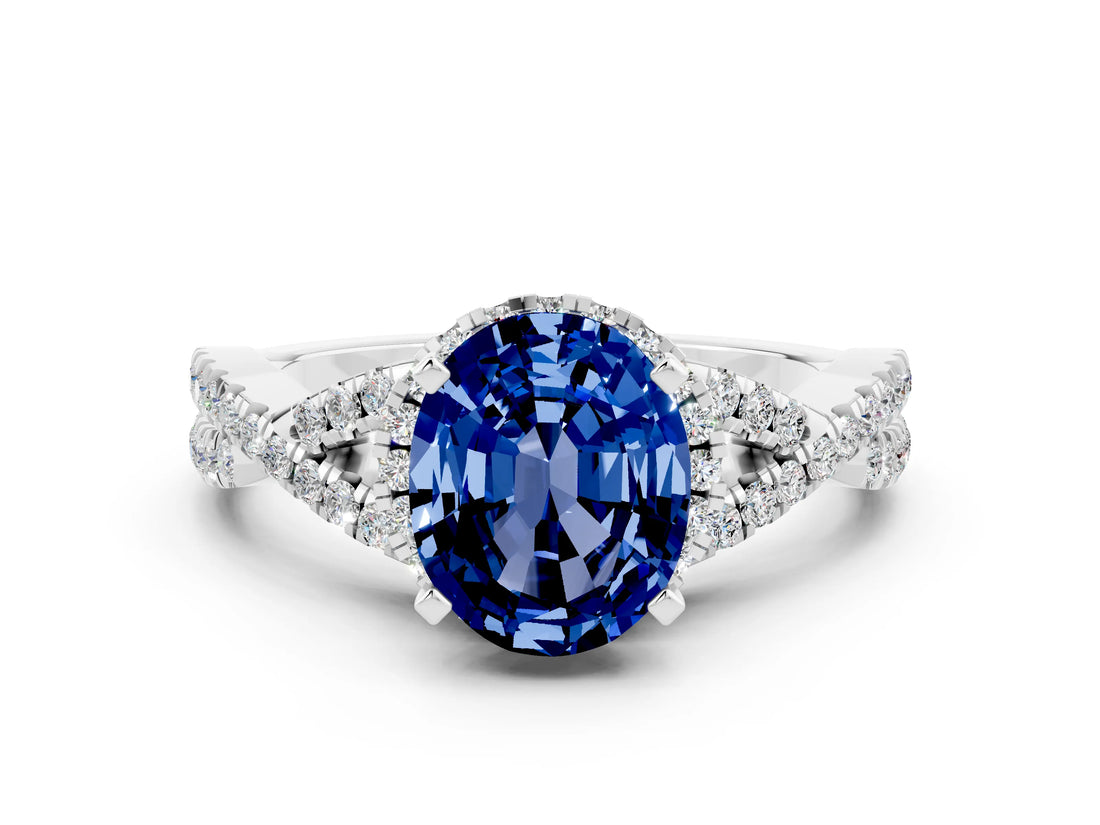 Platinum Oval Cut Blue Sapphire  Halo Twist Band Solitaire Prong Setting Ring_12