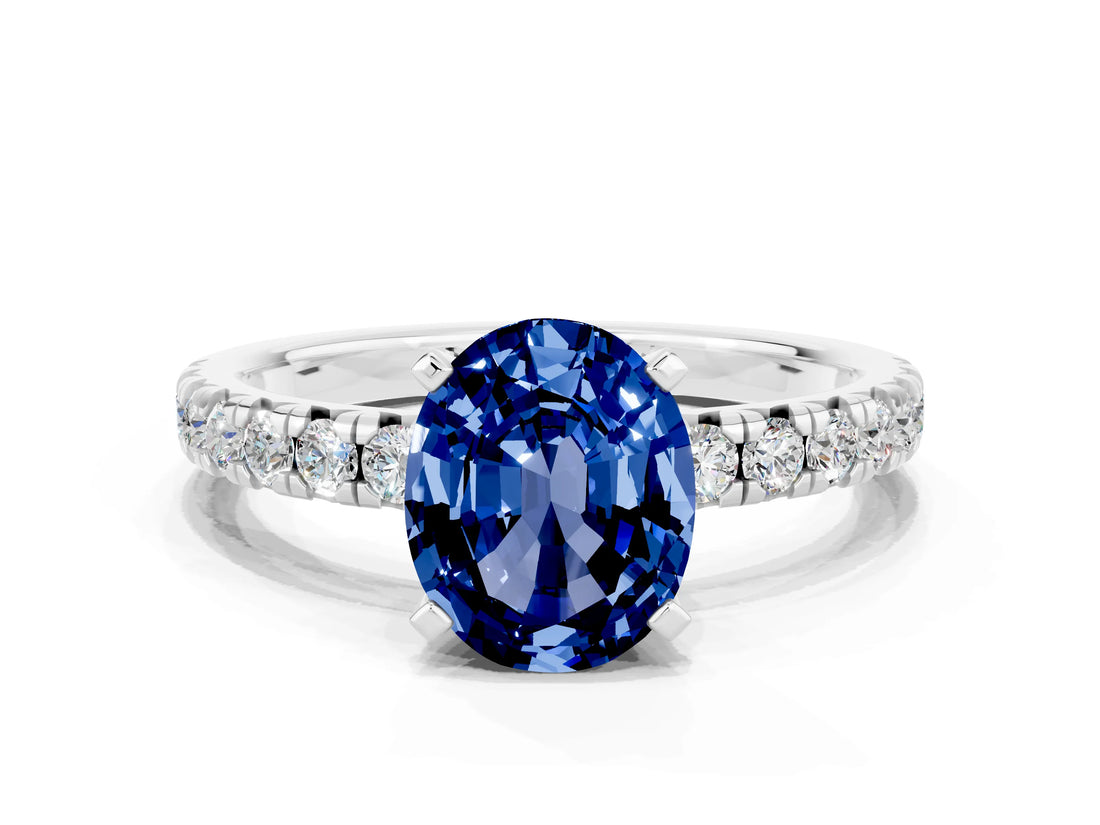 Platinum Oval Cut Blue Sapphire Solitaire Pavé Engagement Ring with Round Band and Prong Setting_96