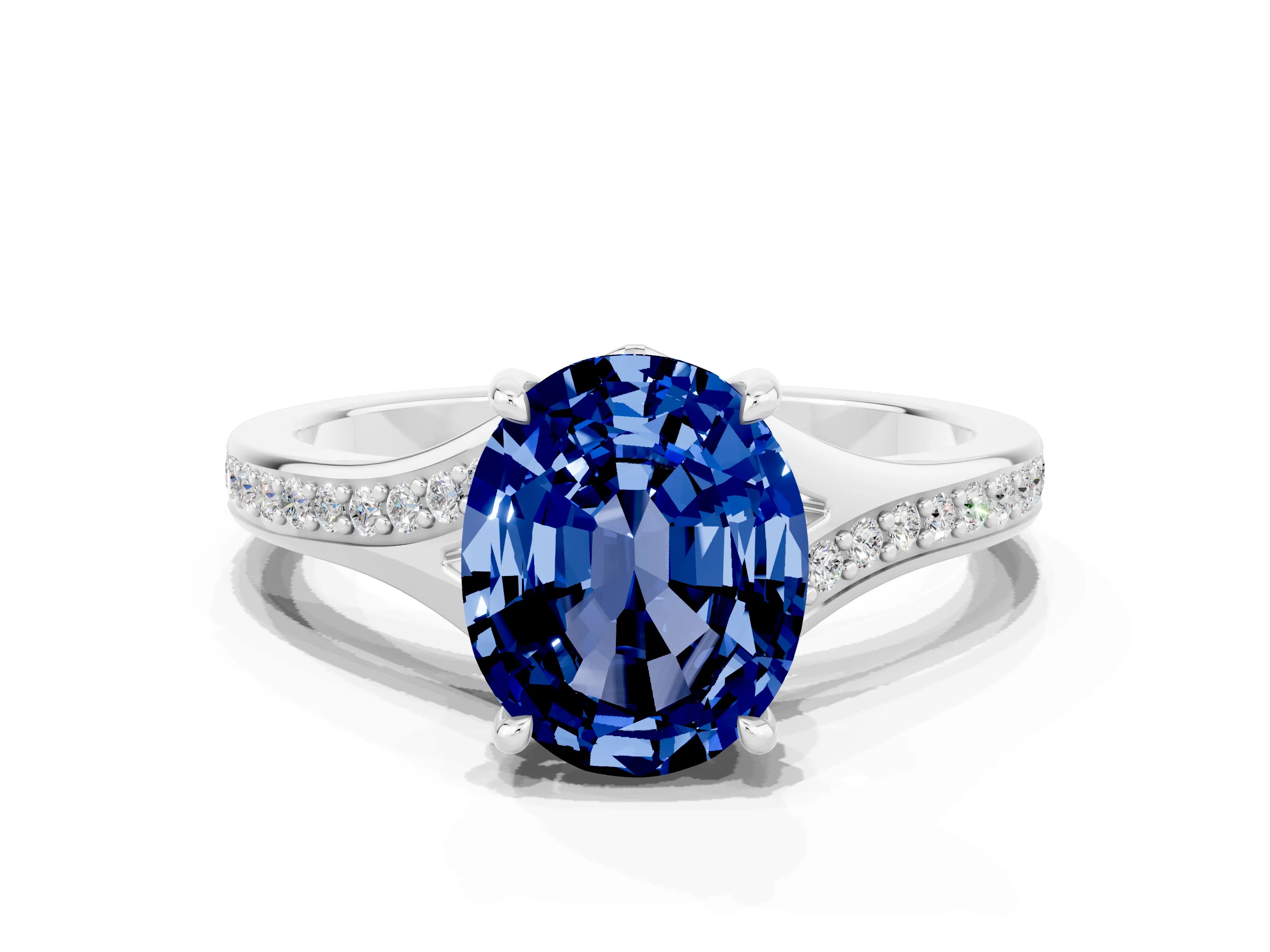 Platinum Oval Cut Blue Sapphire Solitaire Ring with Pavé Band and Prong Setting_12