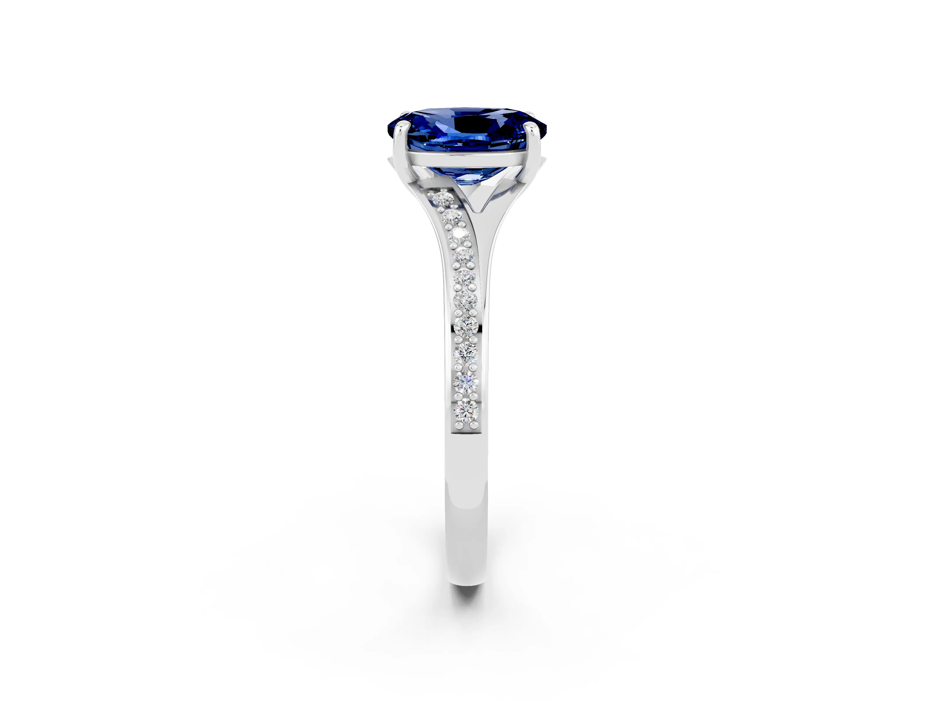 Platinum Oval Cut Blue Sapphire Solitaire Ring with Pavé Band and Prong Setting_14