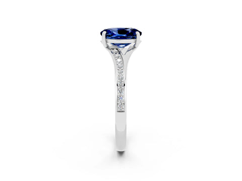 Platinum Oval Cut Blue Sapphire Solitaire Ring with Pavé Band and Prong Setting_14