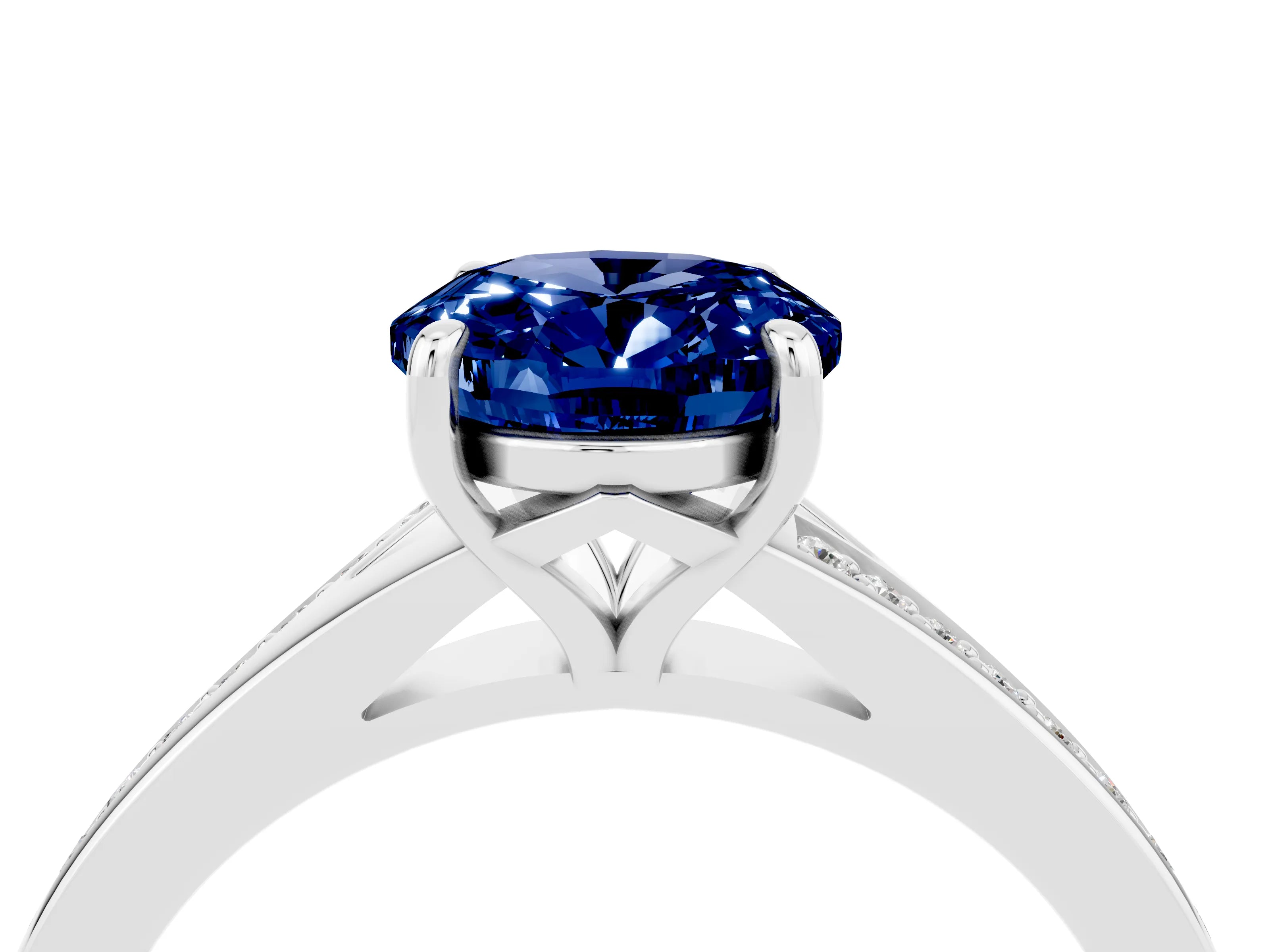 Platinum Oval Cut Blue Sapphire Solitaire Ring with Pavé Band and Prong Setting_16