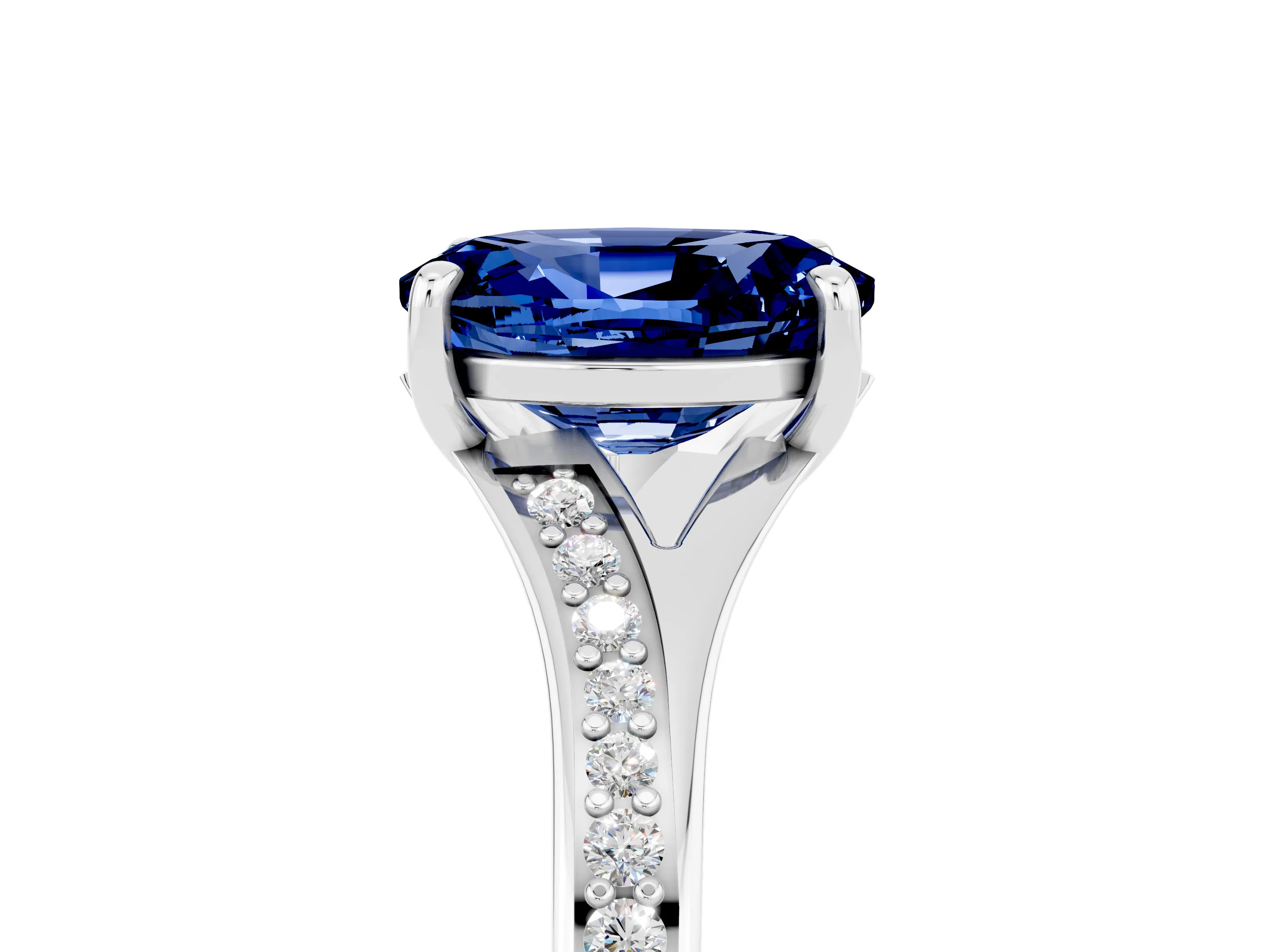 Platinum Oval Cut Blue Sapphire Solitaire Ring with Pavé Band and Prong Setting_17
