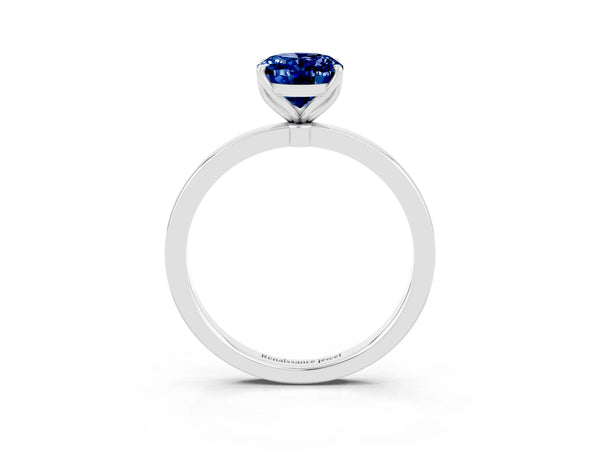 Platinum Oval Lab-Grown Blue Sapphire Solitaire Engagement Ring with Thin Plain Band and Open Basket