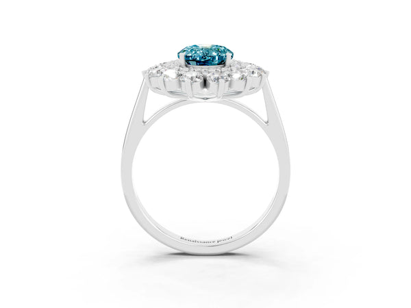 Platinum Oval Cut Blue Topaz Floral Double Halo Engagement Ring with Prong Setting
