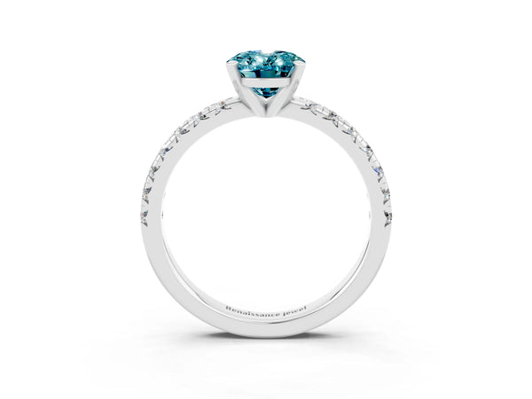 Platinum Oval Cut Blue Topaz Solitaire Pavé Engagement Ring with Round Band and Prong Setting
