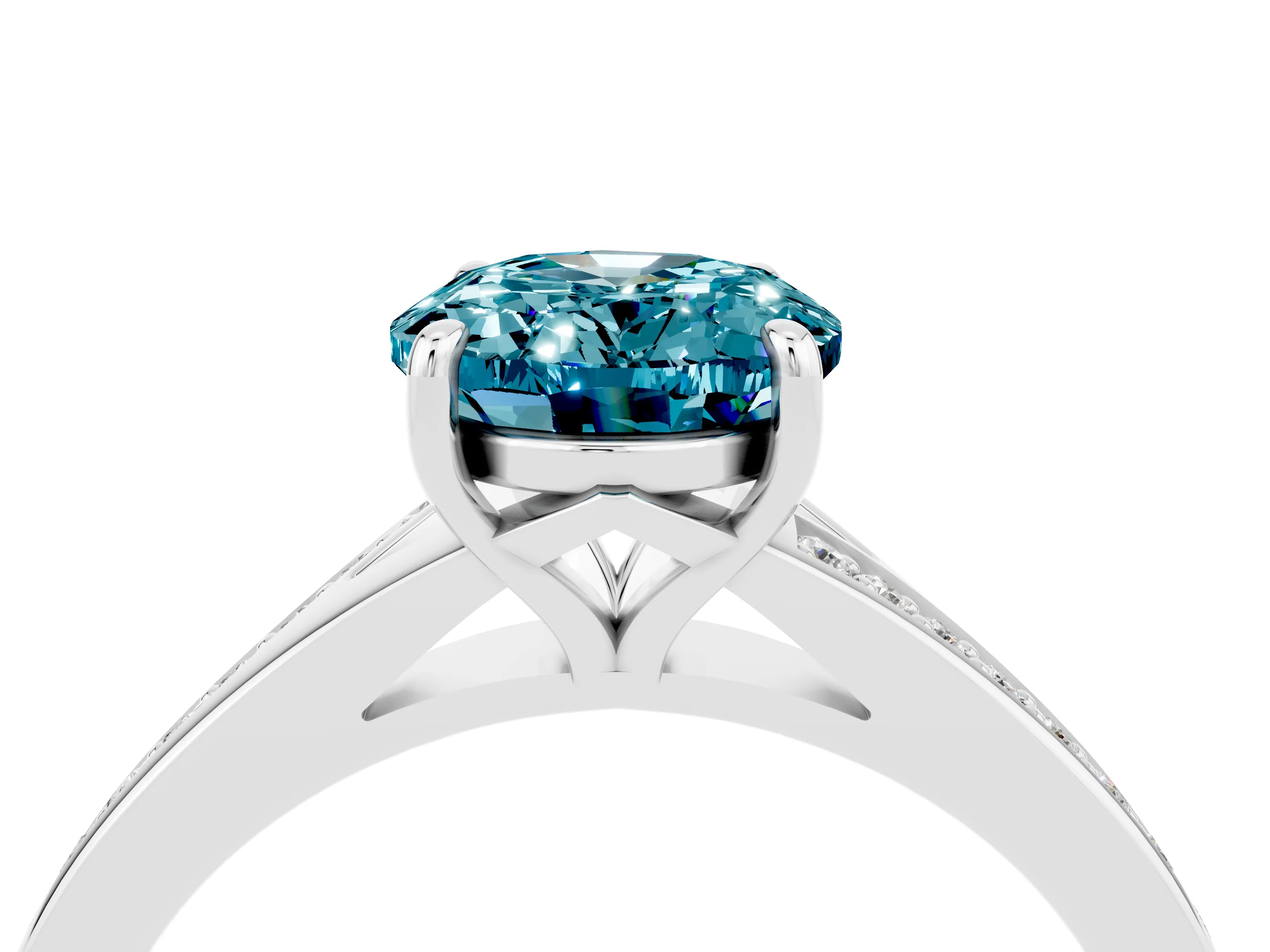 Platinum Oval Cut Blue Topaz Solitaire Ring with Pavé Band and Prong Setting_16