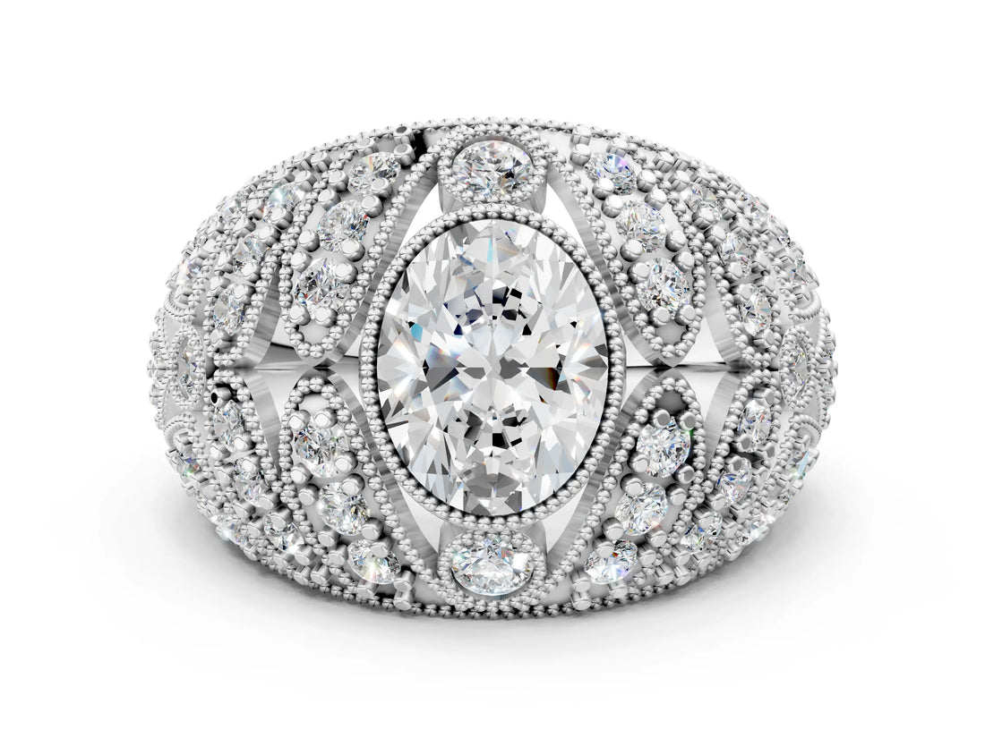 Platinum Oval Cut Brilliant Halo Pave Diamond Milgrain Ring_13