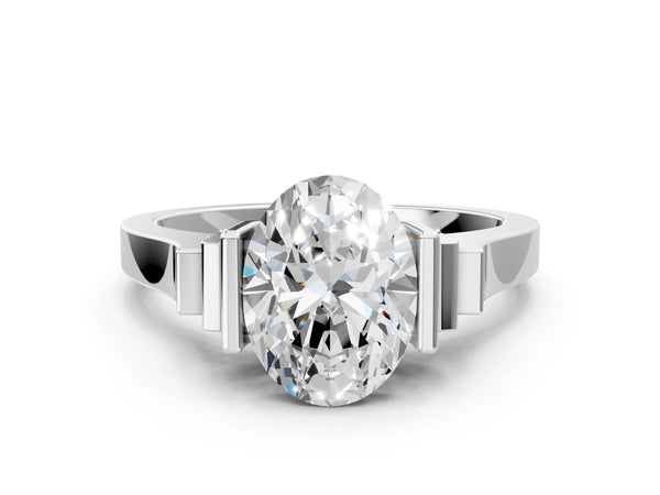 Platinum Oval Cut Brilliant Solitaire Diamond Ring with Channel Set Band and Bar Prong Setting