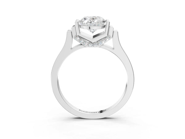 Platinum Oval Cut Brilliant Solitaire Diamond Ring with Channel Set Band and Bar Prong Setting