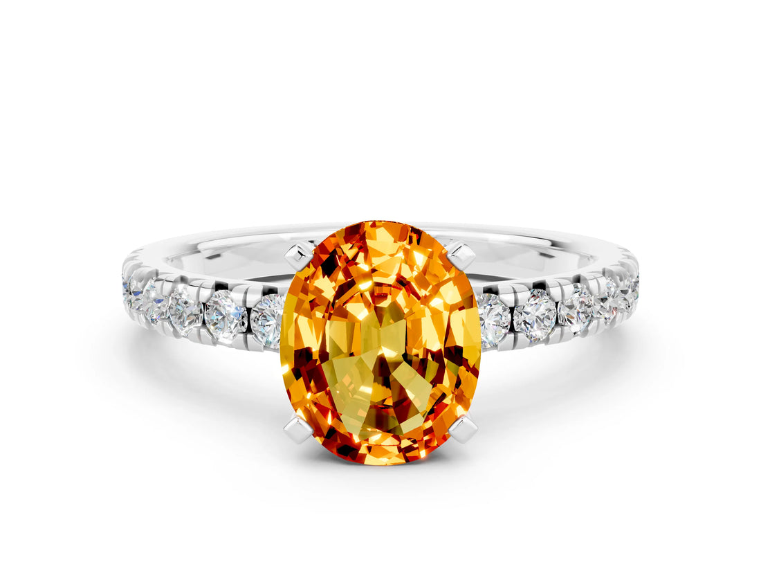 Platinum Oval Cut Citrine Solitaire Pavé Engagement Ring with Round Band and Prong Setting_91