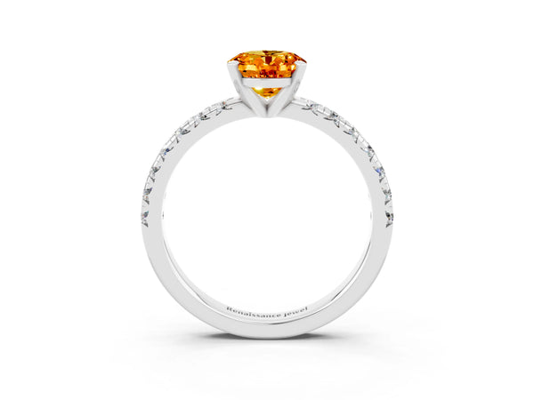 Platinum Oval Cut Citrine Solitaire Pavé Engagement Ring with Round Band and Prong Setting