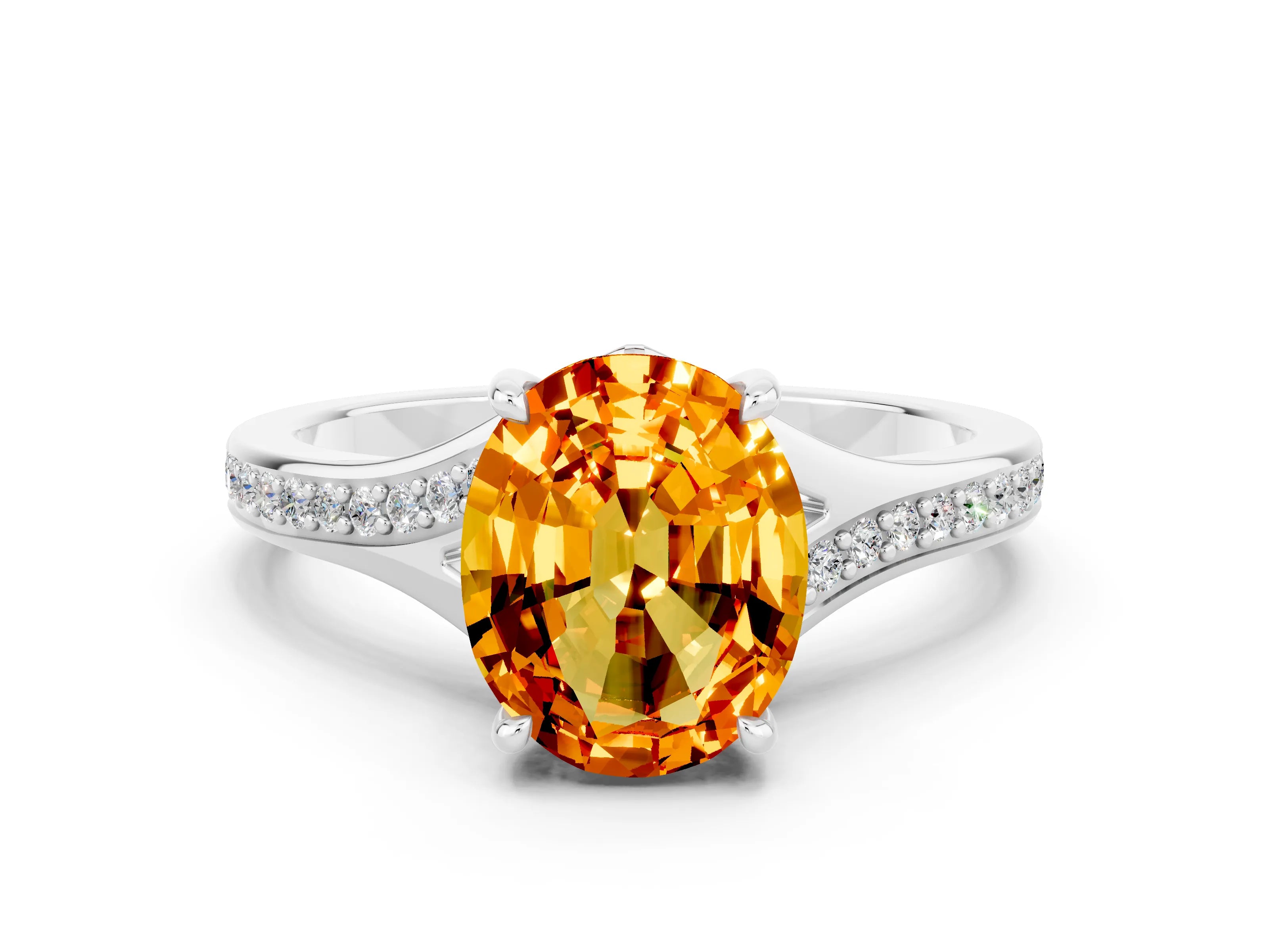 Platinum Oval Cut Citrine Solitaire Ring with Pavé Band and Prong Setting_12