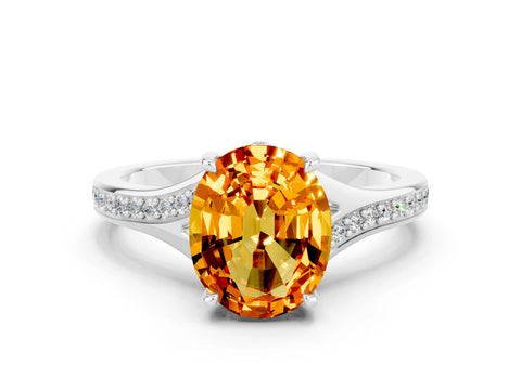 Platinum Oval Cut Citrine Solitaire Ring with Pavé Band and Prong Setting_12