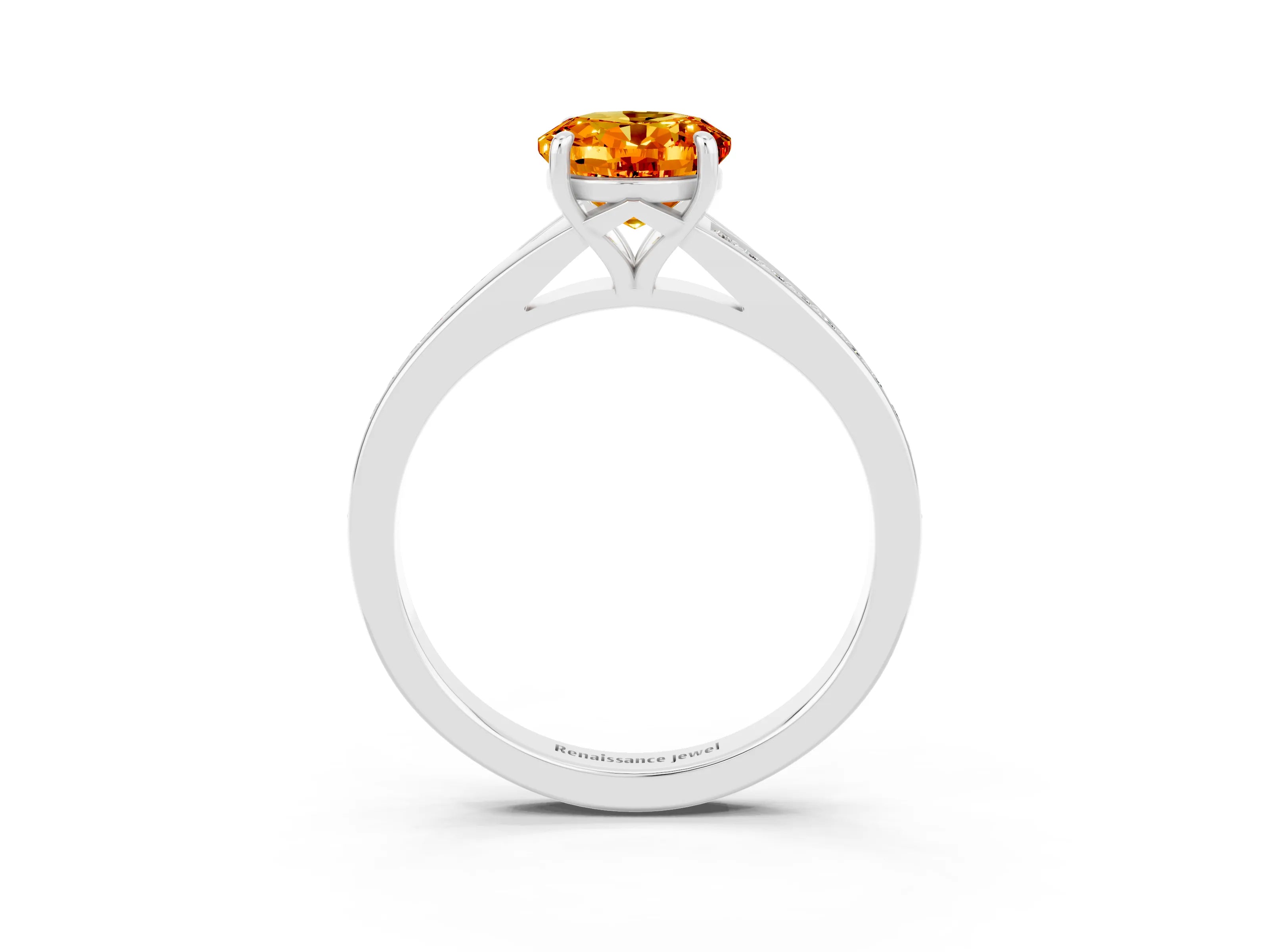 Platinum Oval Cut Citrine Solitaire Ring with Pavé Band and Prong Setting_15