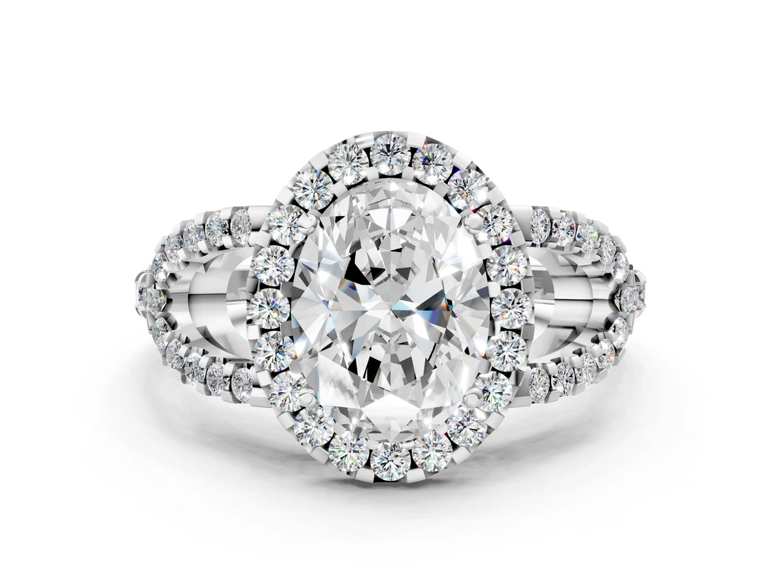 Platinum Oval Cut Cut Diamond Halo Engagement Ring with Open Split Pavé Band_13