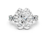 Platinum Oval Cut Diamond Floral Halo Engagement Ring with Shared Prong Setting 1