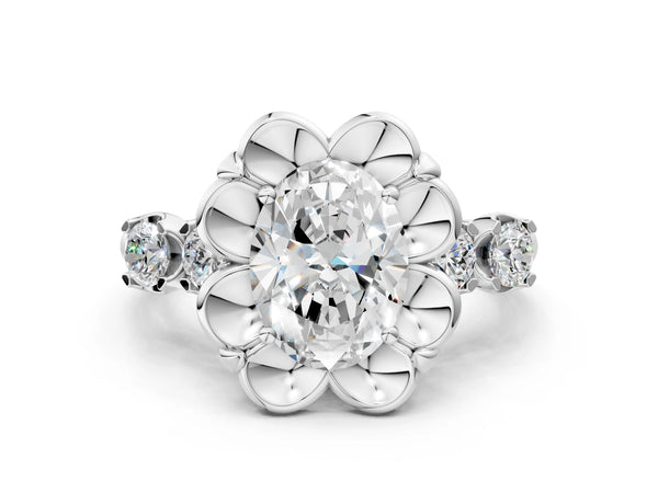 Platinum Oval Floral Engagement Ring Setting with Polished Petal Frame and Side Accents