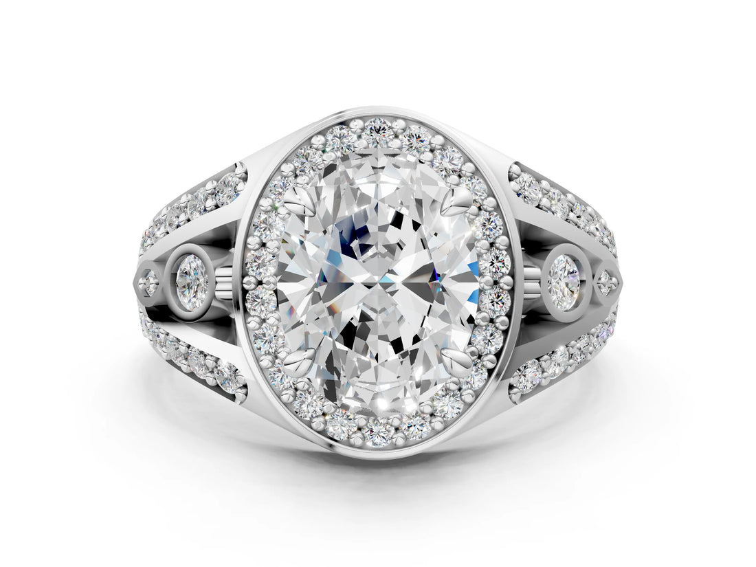 Platinum Oval Cut Diamond Halo Ring with Split Shank and Bezel Accents and Four-Prong Setting_13