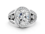 Platinum Oval Cut Diamond Halo Ring with Split Shank and Bezel Accents and Four-Prong Setting_13