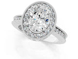 Platinum Oval Cut Diamond Milgrain Halo Engagement Ring with Round Pavé Band and Prong Setting_13