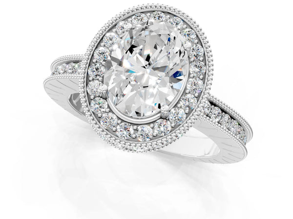 Platinum Oval Vintage Milgrain Halo Engagement Ring Setting with Hidden Halo and Engraved Band