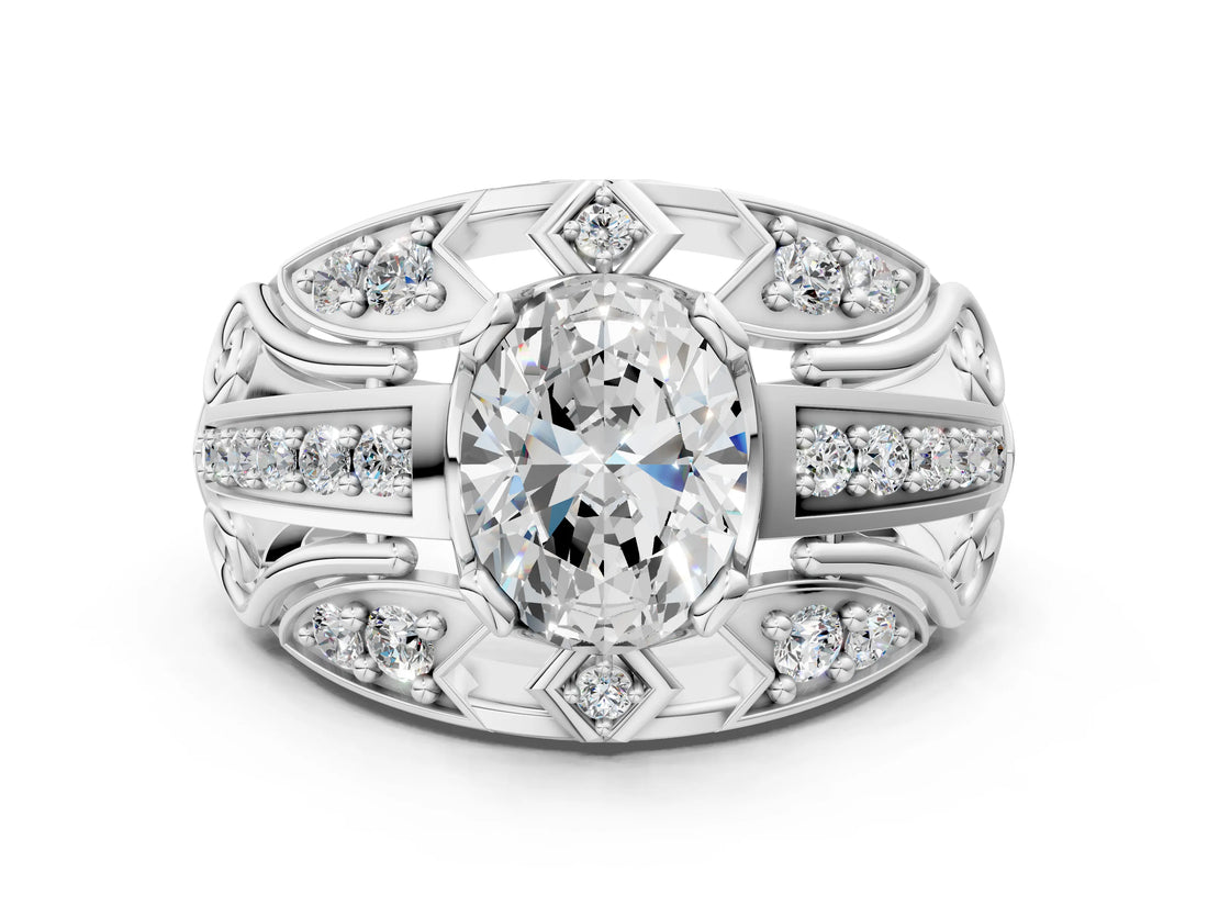 Platinum Oval Cut Diamond Pave Art Deco Split Shank Ring with Four-Prong Setting_13