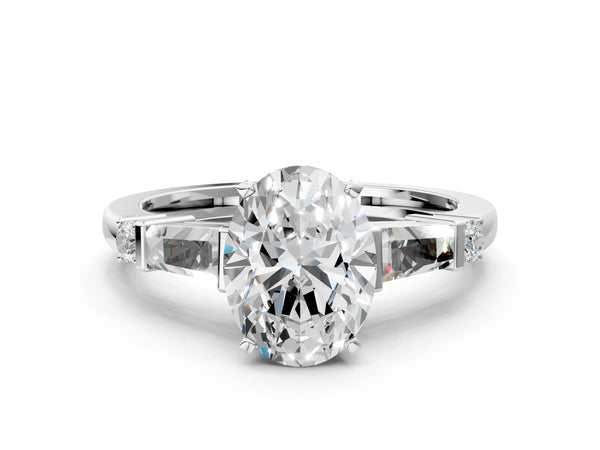 Platinum Oval Three Stone Engagement Ring Setting with Bar Set Tapered Baguettes