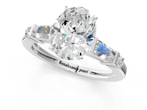 Platinum Oval Three Stone Engagement Ring Setting with Bar Set Tapered Baguettes