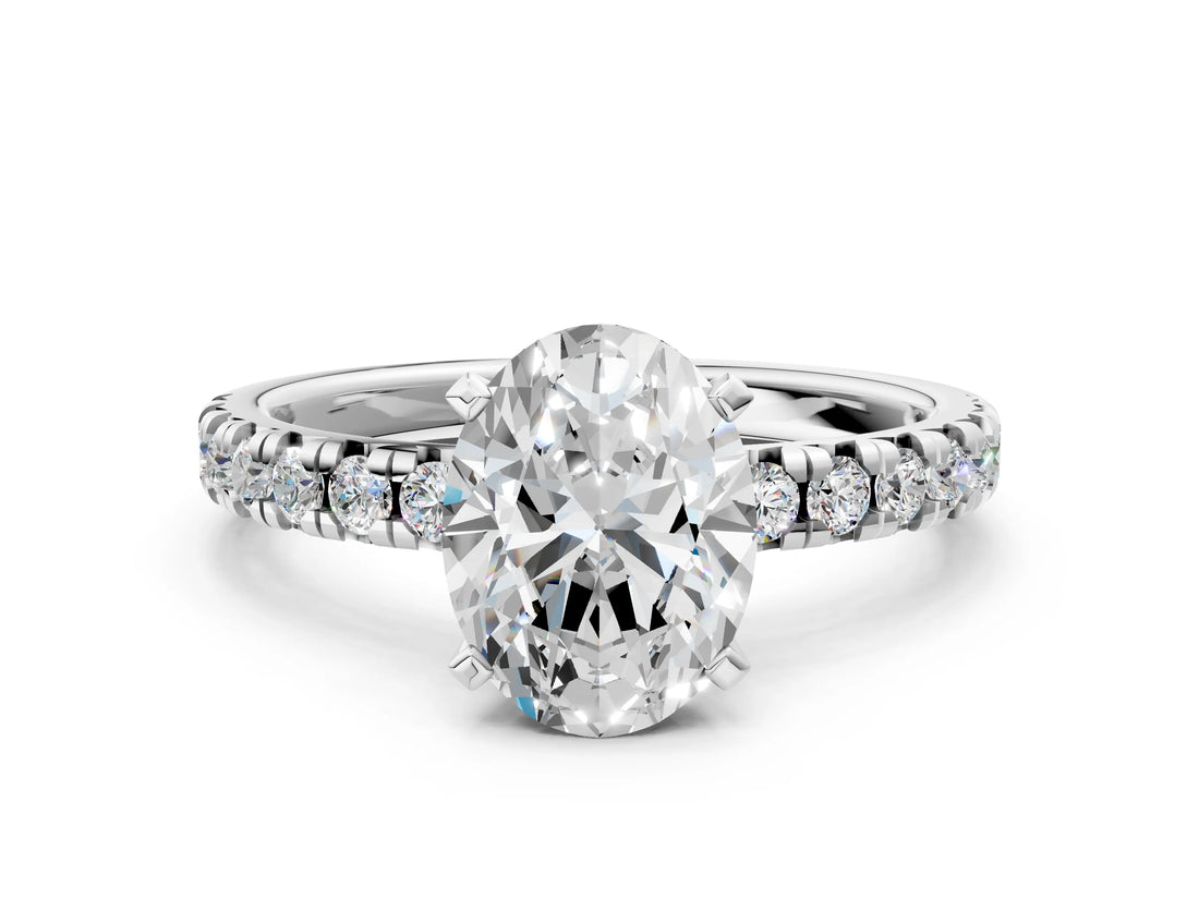 Platinum Oval Cut Diamond Solitaire Pavé Engagement Ring with Round Band and Prong Setting_2