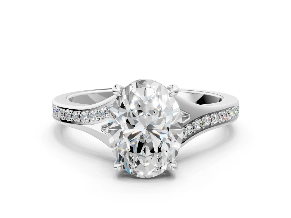 Platinum Oval Cut Diamond Solitaire Ring with Pavé Band and Prong Setting_28