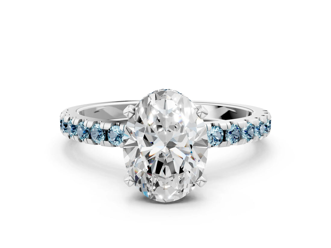 Platinum Oval Cut Diamond Solitaire Ring with Round with Aquamarine side stone Pavé Band and Four-Prong Setting_12