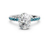 Platinum Oval Cut Diamond Solitaire Ring with Round with Blue Topaz side stone Pavé Band and Four-Prong Setting_12
